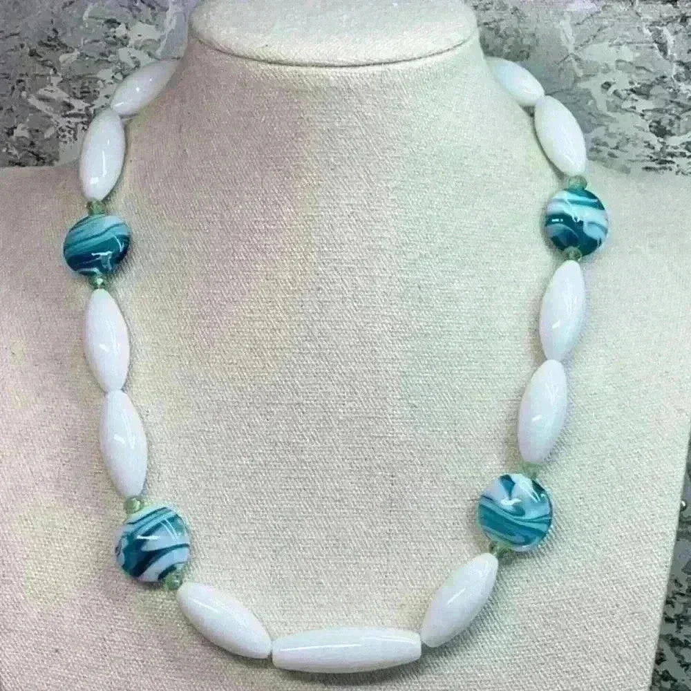 Large Glass Beaded Necklace with White and Blue- Chunky